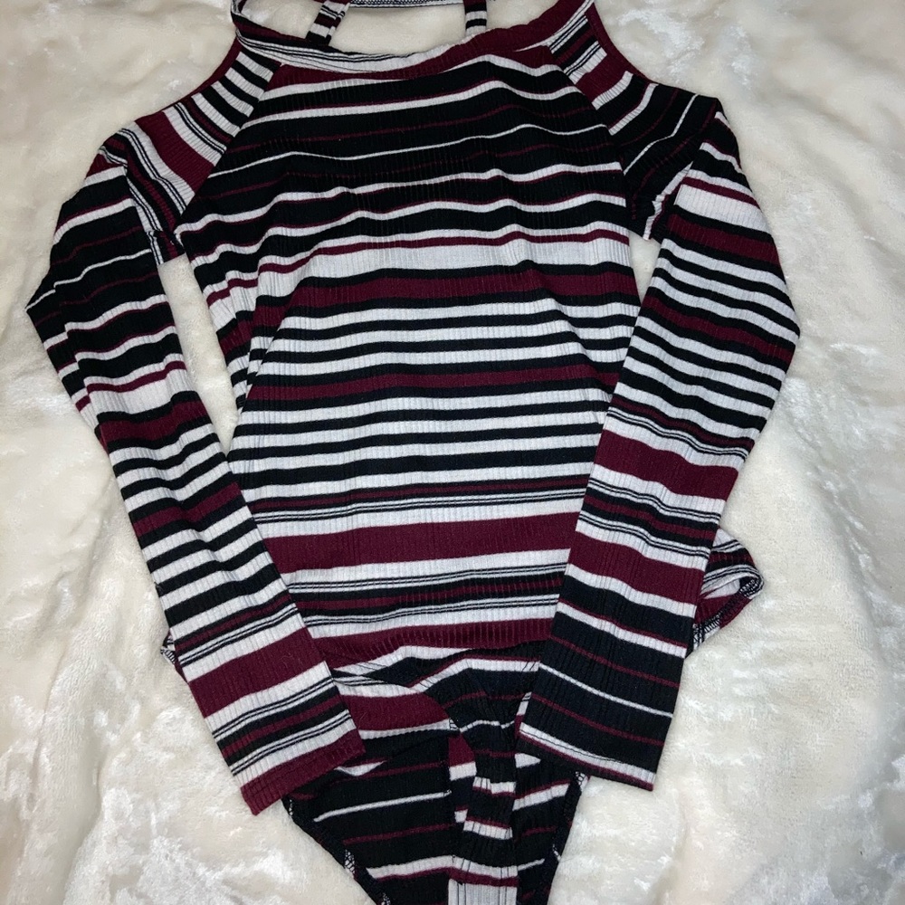 Striped open shoulder body suit